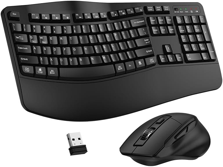 Wireless Keyboard and Mouse Combo, 2.4G Full Size Wave Keys Ergonomic Keyboard with Wrist Rest and 3-Level DPI Adjustable Wireless Ergonomic Mouse for Windows, Mac OS Desktop/Laptop/PC(Black) - Product Image