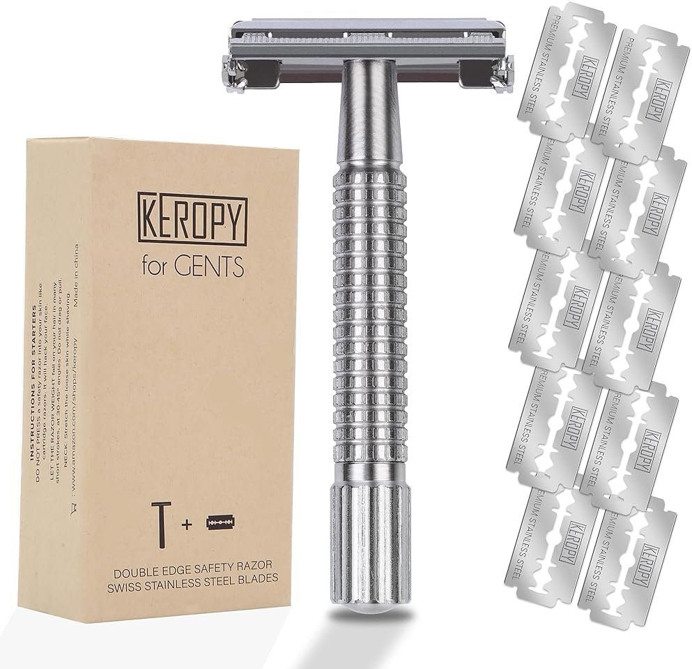 Keropy Metal Safety Razor For Men and Women | 10 Premium Stainless Steel Refill Blades, Butterfly Metal Design, Reusable, Eco-Friendly - Product Image