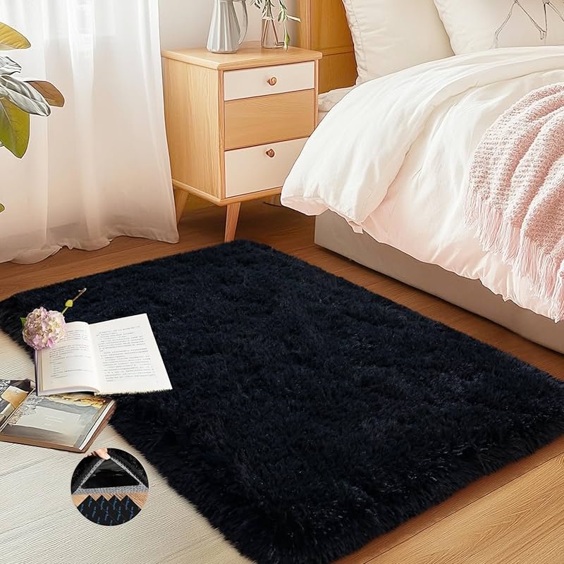 AAFKK Black Area Rug for Bedroom, 2x3 Small Rugs for Living Room Nursery Kids Room Dorm Home Decor Aesthetic, Fluffy Shaggy Rug with 4 Anti-Slip Carpet Tapes - Product Image