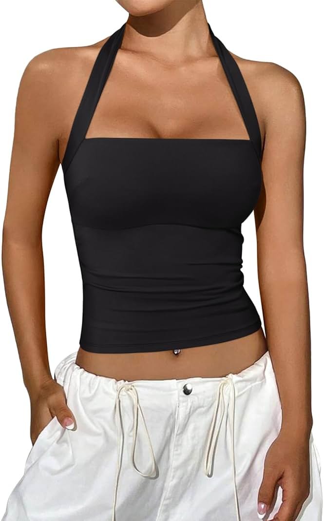REORIA Halter Tops for Women Summer Sleeveless Going Out Outfits Y2K Trendy Cute Crop Tank Top Clothes - Product Image