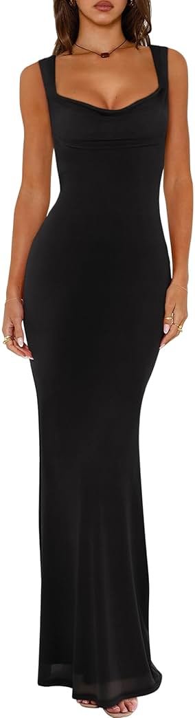 REORIA Women's Summer Cowl Neck Mesh Sleeveless Tank Dress Sexy Double Lined Bodycon Maxi Long Dresses - Product Image