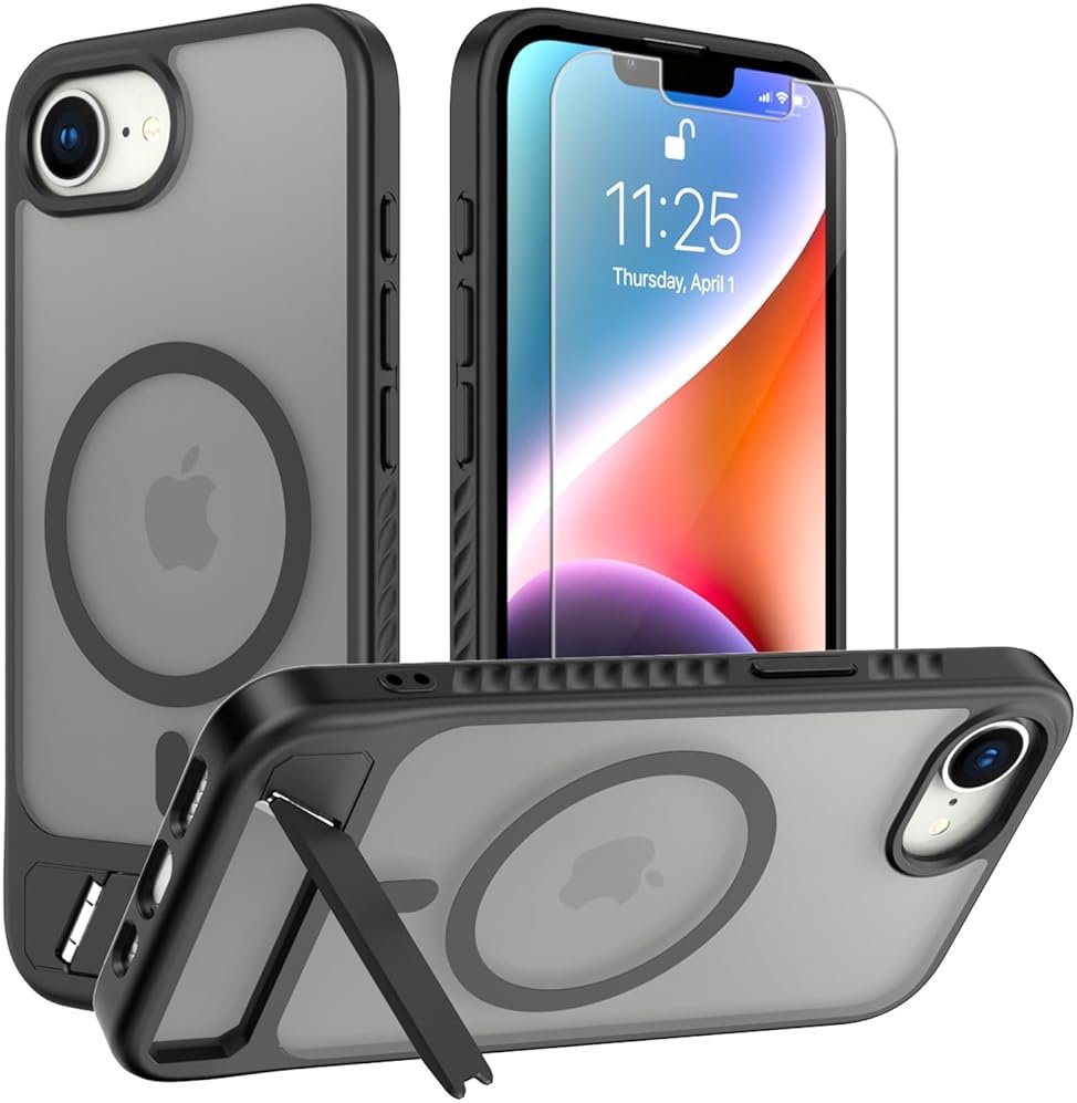 for iPhone 16E / iPhone 17E case: [fit for Magsafe] Strong Magnetic & Invisible Stand, with Screen Protector, Adjustable Kickstand Frosted Translucent Matte Phone Case for iPhone 17e/16e, Black - Product Image
