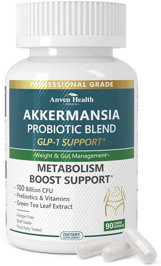 Anven Health GLP-1 Supplement 100 Billion Akkermansia Probiotic & Prebiotic for Gut Health & Digestion, Metabolism & Energy Support with Vitamin B2 & D, Green Tea and Chromium - Non-GMO | 90 Capsules - Product Image