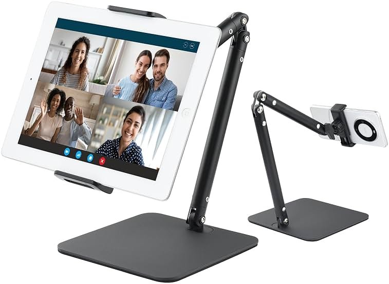 UTEBIT Tablet Stand for Desk, Adjustable Angle Height Cell Phone Holder 360° Rotation Foldable Phone Stand Office Desk Accessories Compatible with 4''-13'' Smartphones iPhone iPad Air Kindle (Black) - Product Image
