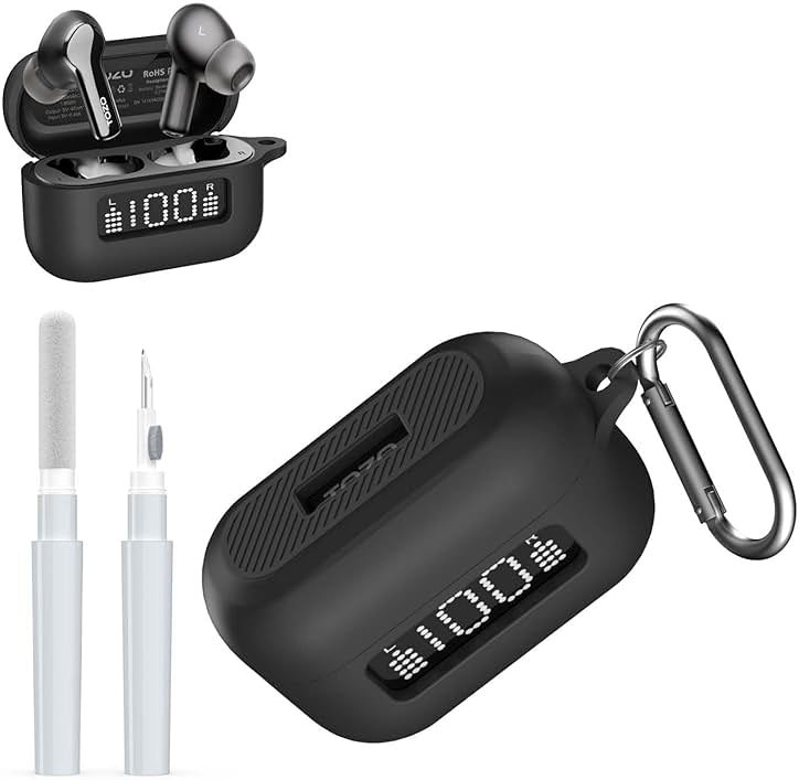 AGENTNANO for TOZ0 NC3 Earbuds(2024) Case Cover with Cleaner kit, Silicone Protective Battery Display Visible Design Cover for TOZO Hybrid Active Noise Cancelling Wireless Earbuds with Carabiner-Black - Product Image