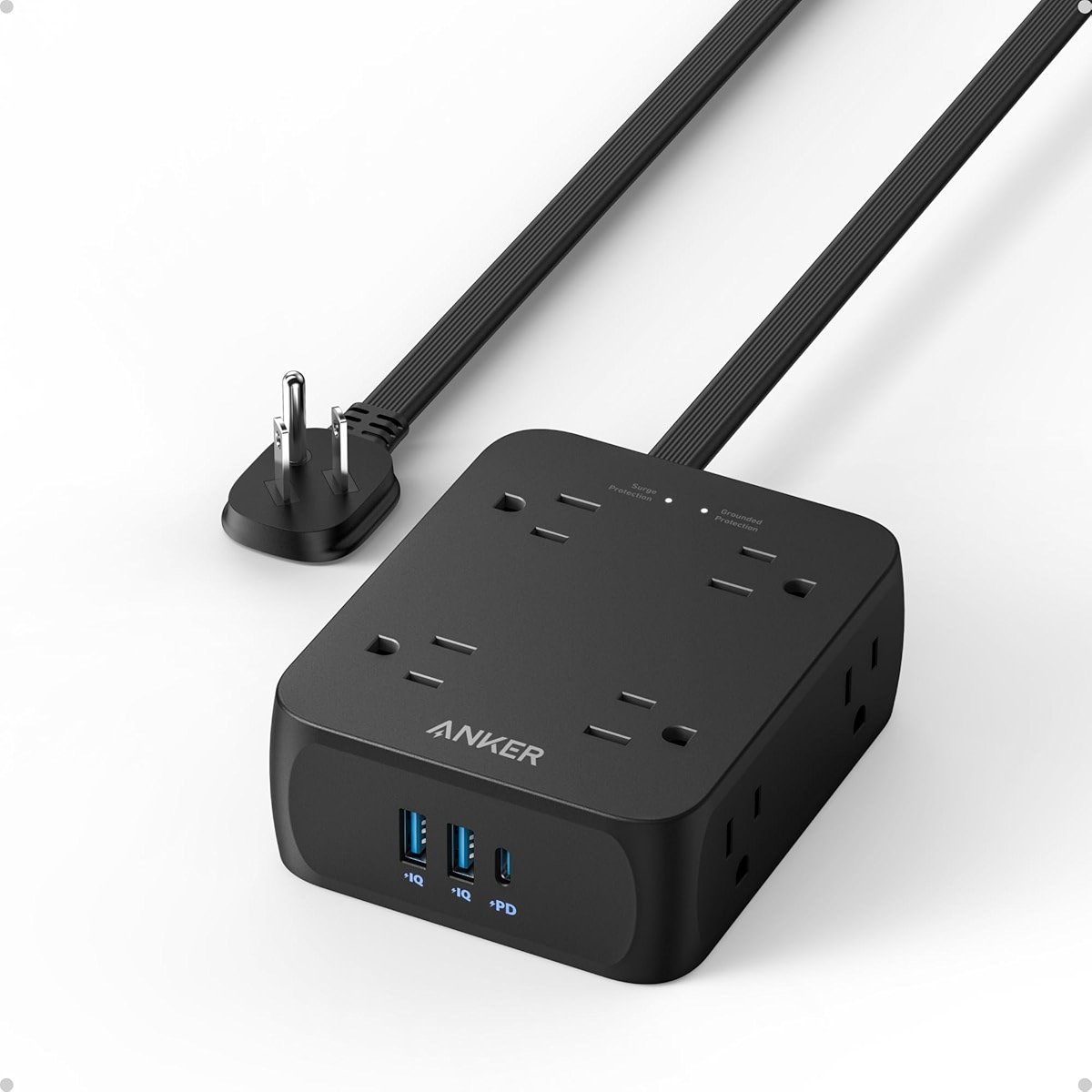 Anker Power Strip with 2000J Surge Protector, Flat Plug Extension Cord with Multiple Outlets, 8 AC, 2 USB A & 1 USB C Port for 20W, 5ft Outlet Extender, Dorm Room Essentials, Home Office, TUV Listed - Product Image