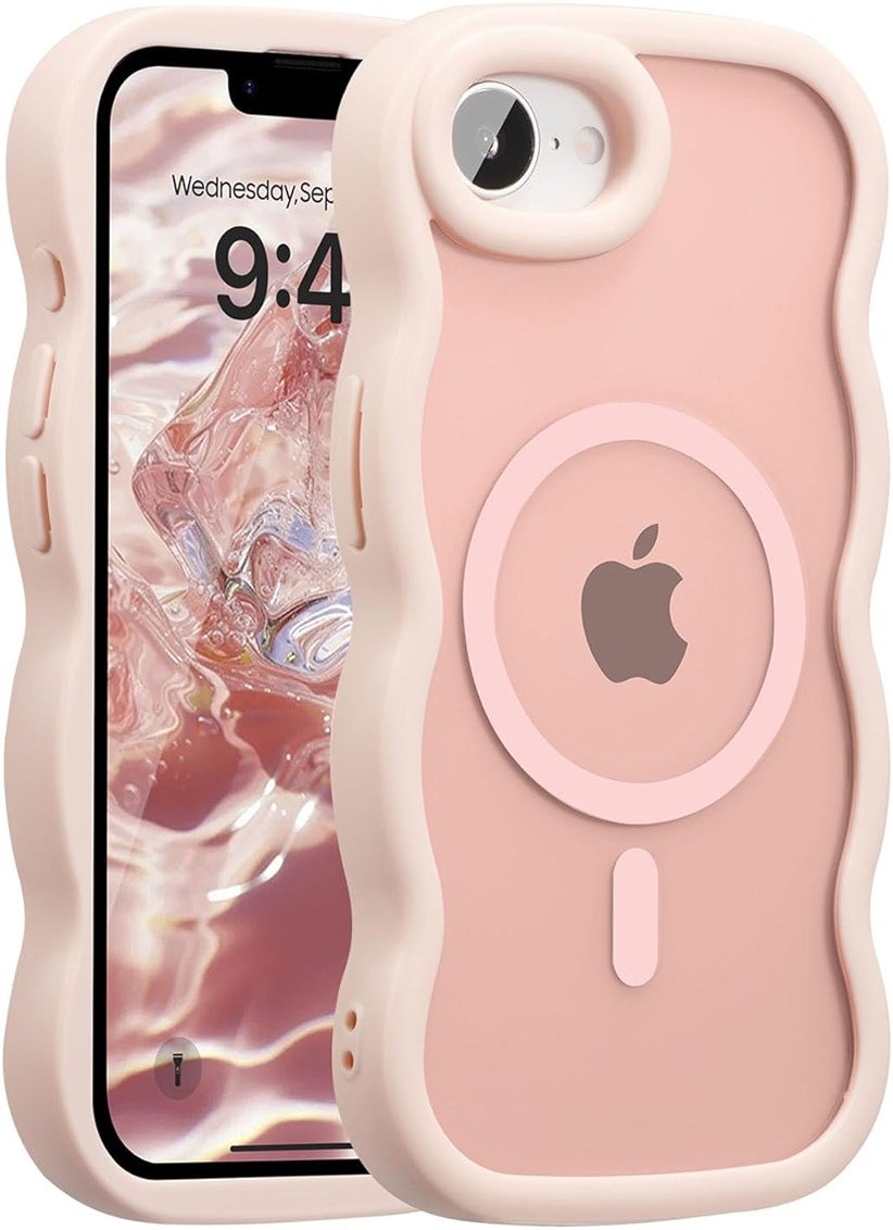 UEEBAI Magnetic for iPhone 17e/iPhone 16e Case, Cute Cover Compatible with MagSafe, 2025 Transparent Clear Wave Design Wavy Frame Matte Phone Case- Pink - Product Image