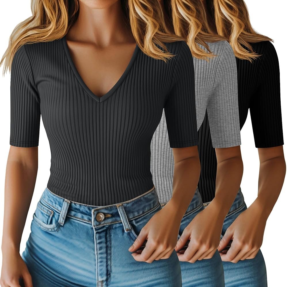 Riyiper 3 Pack Women's Half Sleeve Top Elbow Length Ribbed Cotton T Shirt Women V Neck Summer Tee Slim Fit Casual Blouses - Product Image