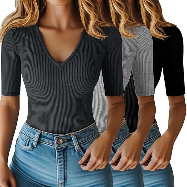 Riyiper 3 Pack Women's Half Sleeve Top Elbow Length Ribbed Cotton T Shirt Women V Neck Summer Tee Slim Fit Casual Blouses - Product Image