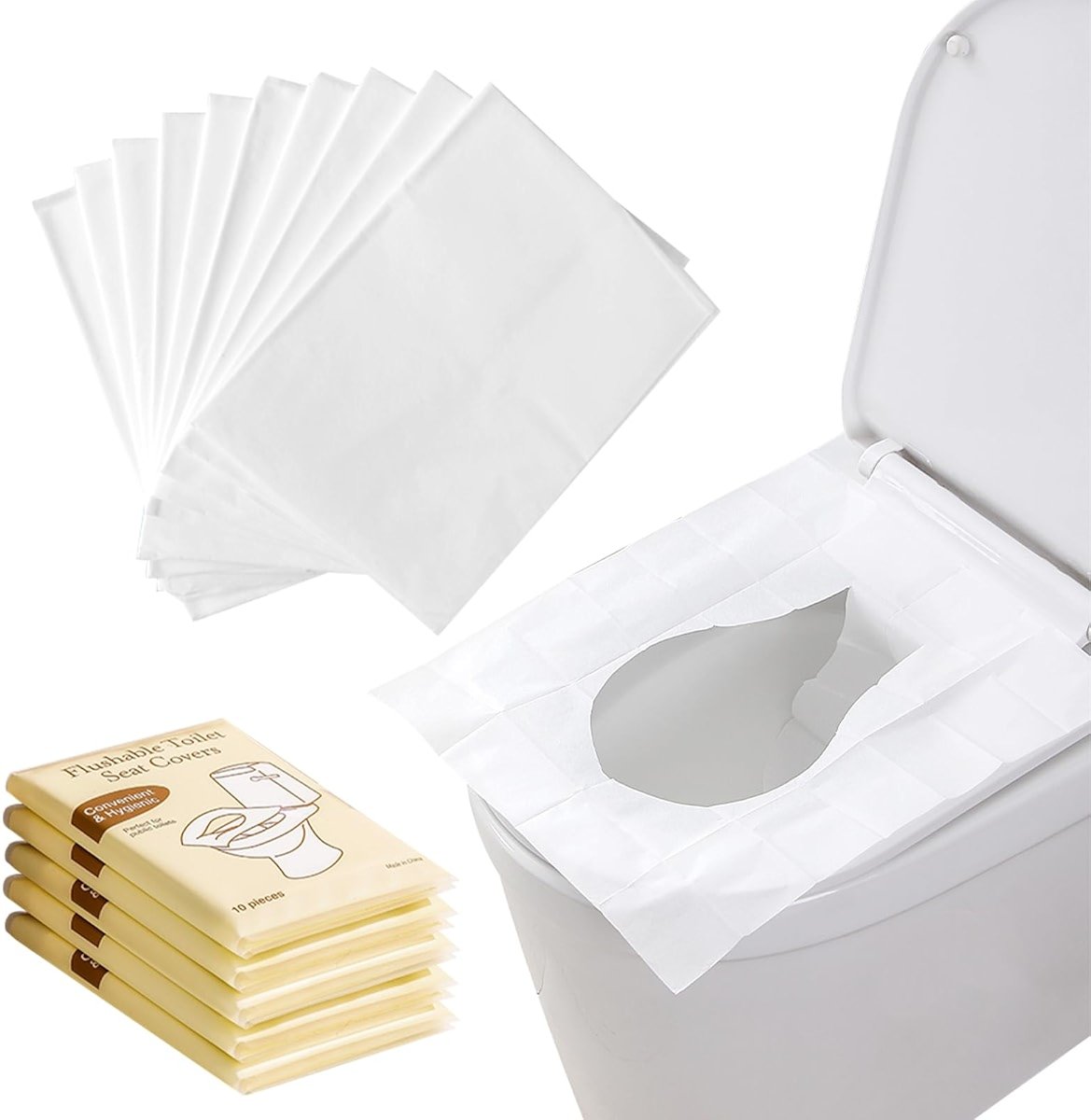 50PCS Toilet Seat Covers Disposable Flushable Travel Essentials for Public Restrooms, Airplane, Camping Convenient Paper Covers for Men Women - Product Image