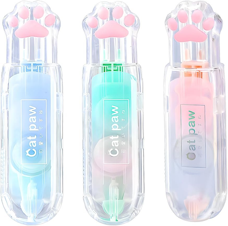 JUDENMEY 3Pcs Retractable White Correction Tape,Cute Cat Paw Correction Tape Pens, Mini Aesthetic Pen Shaped White Applicator with Easy to Use Out Tape for Back to School Office Supplies - Product Image
