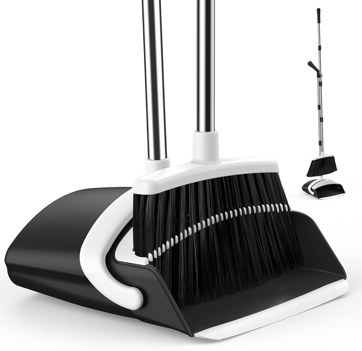 EZKEY Broom and Dustpan Set for Home, 51-in Long Adjustable Handle Angle Broom and Dustpan Combo Set with Dust Pan Teeth to Clean Hair for Home Kitchen Office Lobby Floor Garden (Black&White) - Product Image