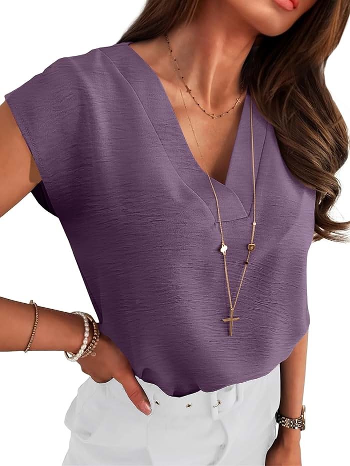 ANRABESS Women Tops Cap Sleeve Dressy Casual V Neck Shirts 2026 Summer Business Work Blouses Outfits Trendy Spring Clothing - Product Image
