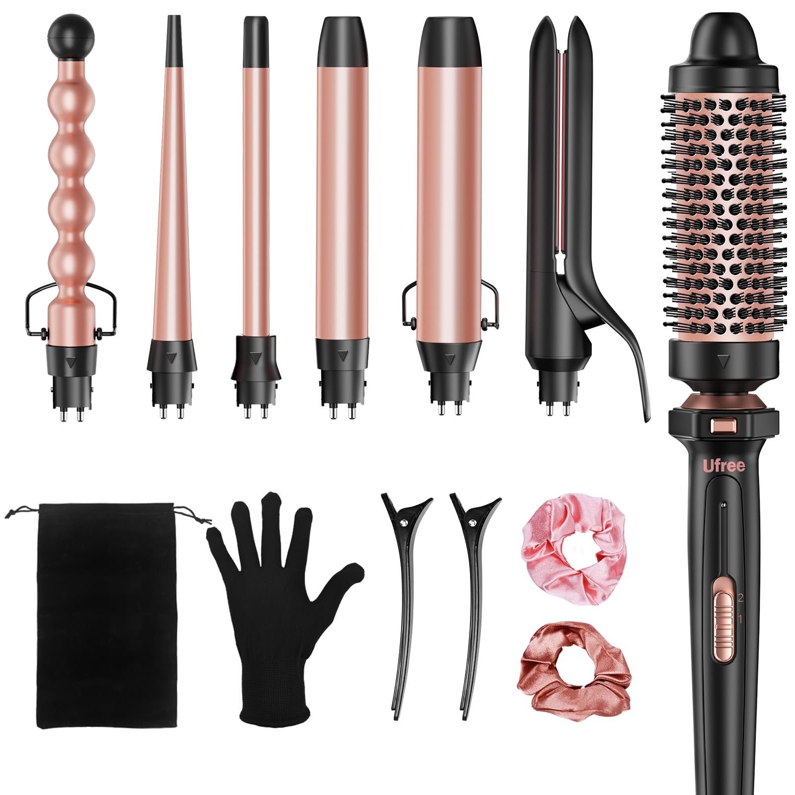 Ufree 7-in-1 Curling Iron Set with Interchangeable Ceramic Barrels, Curling Wand Set with Thermal Brush, Hair Straightener and Wand Curling Iron, Versatile Styling Hair Curlers Set, Gifts for Women - Product Image