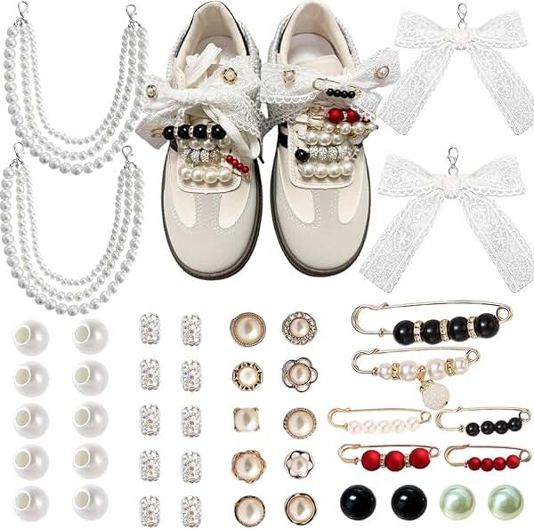 Lospfo 44PCS Shoe Charms for Sneakers Rhinestone Charms for Women Peals Beaded Chain for Shoes DIY Cute Bow/Clips/Jewelry/Pins Shoelace Charms Decoration Shoe Accessories for Gift - Product Image