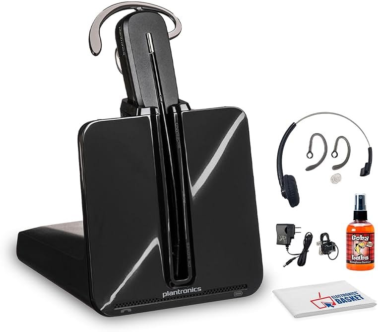 Poly Plantronics CS540 Wireless DECT Headset - Single Ear - Convertible - Noise Cancelling Microphone Bundle Including: Base, Headband, Ear Tips, Goby Labs Headphone Cleaner, Fiber Cloth - Product Image