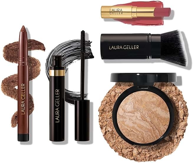 Finishing Touches Kit: Baked Balance-n-Brighten Powder Foundation, Medium + Airbrush Kabuki + Jelly Balm Tinted Lip Balm, Figger Than Life + Kajal Eyeliner, Dark Brown + Kajal Mascara - Product Image