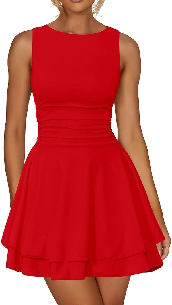 Kaximil Women's Ruffle Hem Boat Neck Mini Dress Sleeveless Ruched Corset Short Party Dresses - Product Image