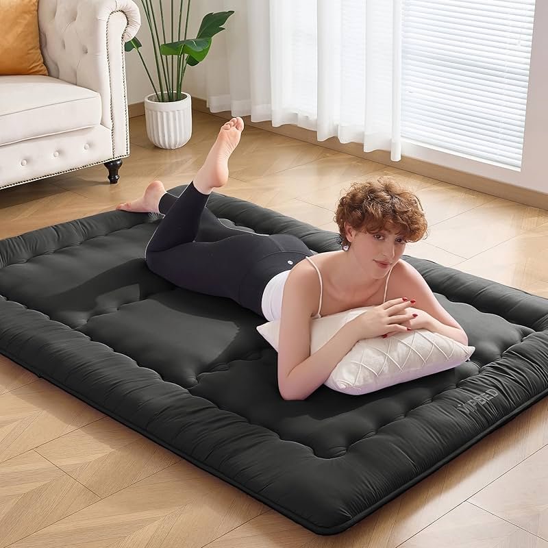 VIPBED Japanese Floor Futon Mattress Queen Size, 4" Thicken Foldable Mattress Tatami Mat Sleeping Pad, 25D Foam Filled Traditional Shiki Futon (shikibuton), Designed in Japan (Black 60"x 80") - Product Image