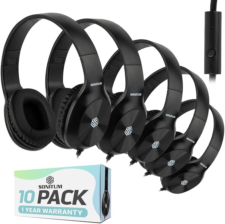 Sonitum Classroom Headphones-Bulk 10-Pack, with Microphone Student On Ear Comfy Swivel Earphones for Library, School, Airplane, Kids-for Online Learning and Travel, HQ Stereo Sound 3.5mm Jack (Black) - Product Image