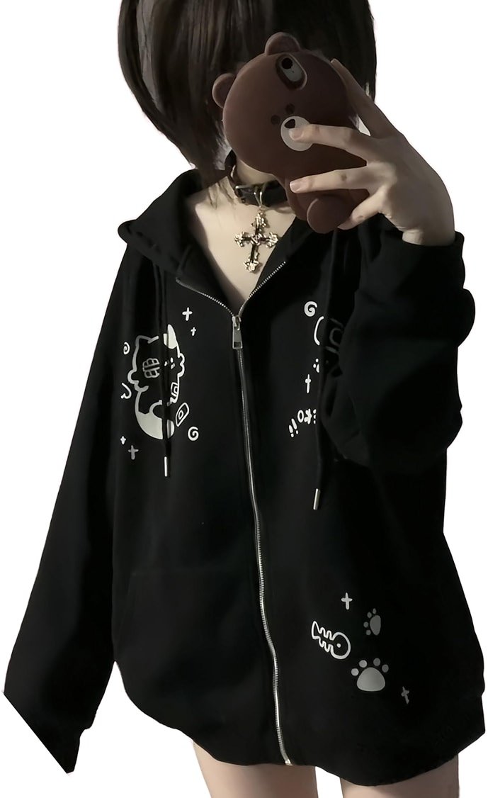 Dynict Womens Y2K Zip Up Cute Graphic Hoodies Cat Ears Casual Cartoon Harajuku Kawaii Clothes Oversize Streetwear Jacket - Product Image