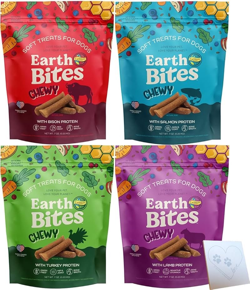 Earthborn-Holistic Dog Treats Chewy Variety Pack - 4 Delicious Earth Bites Flavors: Lamb, Bison, Turkey, & Salmon (7oz Each) - Product Image