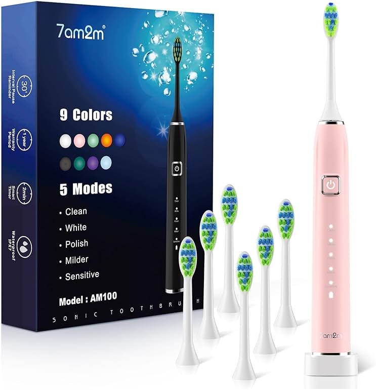 7AM2M Sonic Electric Toothbrush with 6 Brush Heads for Adults&Kids, One Charge for 120 Days, Wireless Fast Charge, 5 Modes, 40000VPM Powered Toothbrush, 2 Minutes Built in Smart Timer -Pink - Product Image