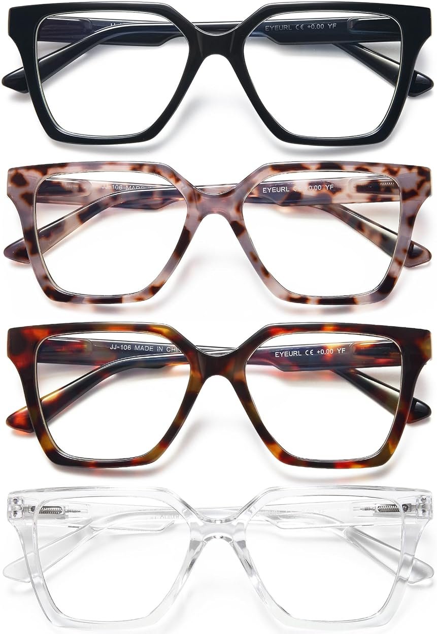EYEURL 4 Pack Fashion Oversized Reading Glasses for Women Men Blue Light Blocking Computer Square Readers with Spring Hinge Designer Ladies Large Frame Square Anti UV Ray Eyeglasses 1.5 - Product Image