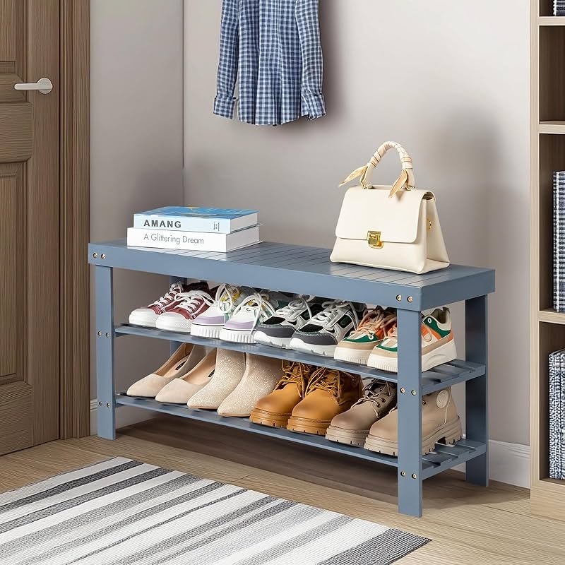 3 Tier Bamboo Shoes Rack,Narrow Vertical Shoes Rack,Freestanding Shoe Organizer Shelf,Shoe Rack Storage Organizer,with Shelves,for Closet, Entryway, Front Door Entrance, Bedroom, Hallway (Gray) - Product Image