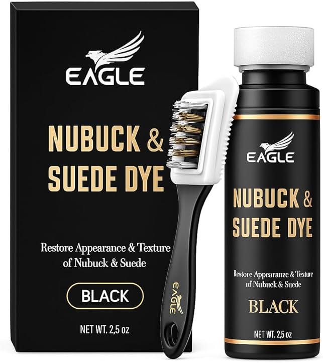 Eagle Nubuck & Suede Dye Black with Applicator & 3-Way Suede Brush - Suede Color Restorer for Shoes, Boots, Jackets, Purses & More - Black Suede Dye & Conditioner - Product Image
