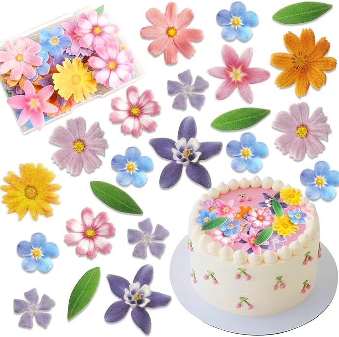 Morofme 60pcs Edible Flower Cake Decorations Wafer Paper Flowers Hawaiian Cake Decor Tropical Cupcake Toppers Mixed Size for Aloha Summer Birthday Party Supplies - Product Image