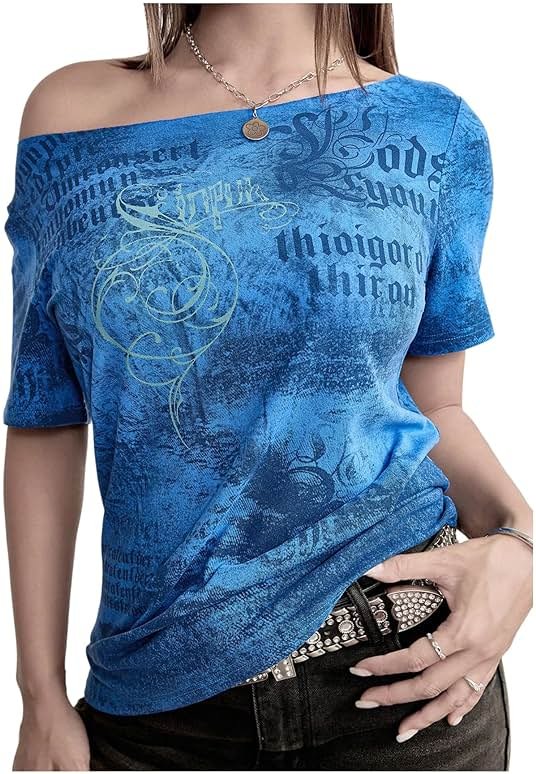 SOLY HUX Women's Y2k Goth Graphic Tees Off The Shoulder Short Sleeve Vintage T Shirt Streetwear Summer Going Out Tops - Product Image