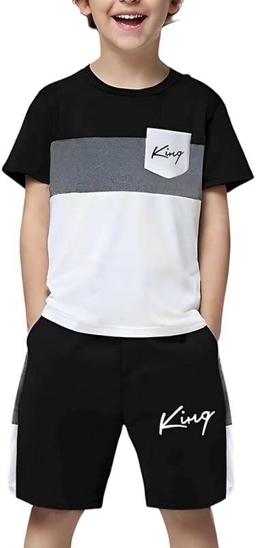 Vitalique Size 6-12 Years Boys Summer Outfits Set Kids Short Sleeve Top T-Shirt & Shorts Color Block Clothing Sets - Product Image