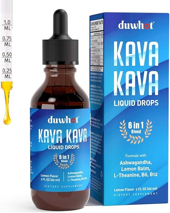 duwhot Kava Kava Extract Liquid Drops with Ashwagandha Lemon Balm L-Theanine, High Potency Kava Root Extract Tincture Supplement for Relaxation, 2 Fl Oz - Product Image