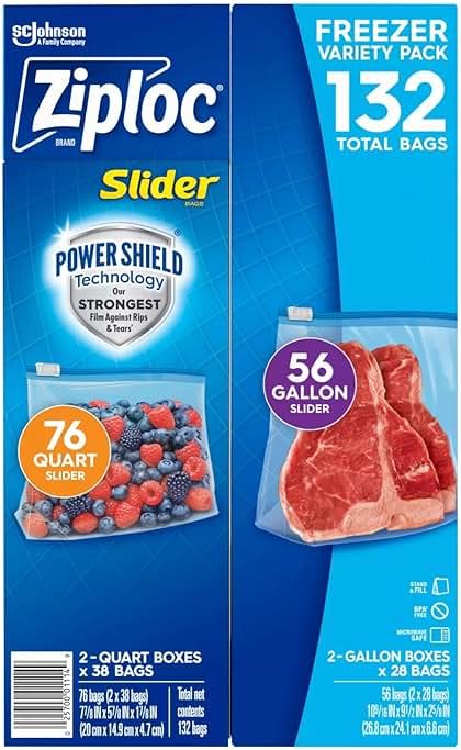 Ziploc Slider Freezer Bags Variety Pack, 132 Count, Power Shield Technology, 76 Quart and 56 Gallon Bags - Product Image
