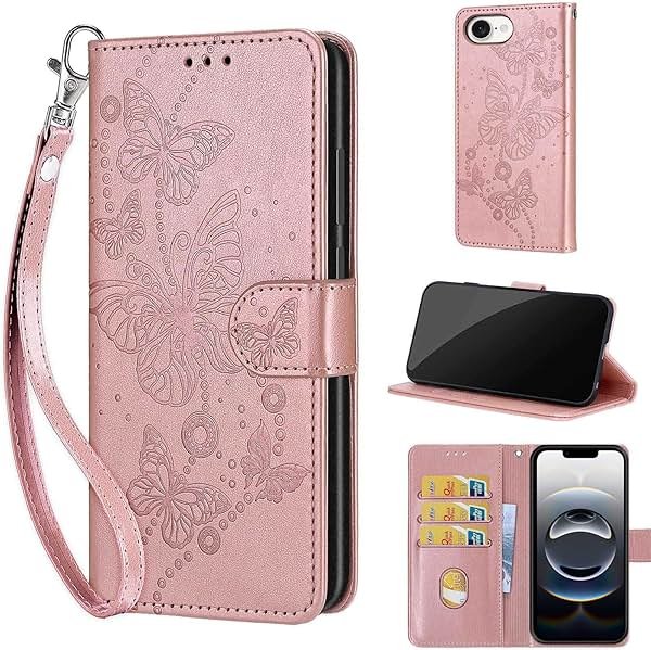 KENHONER Wallet Case for iPhone 17e / iPhone 16e, Rose Gold Butterfly | Women Flip Folio Cover, Embossed PU Leather, Stand, Credit Card Holders Slots, Wrist Strap - Product Image