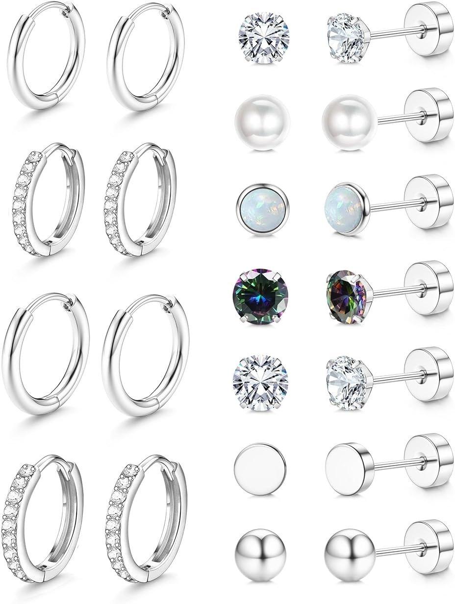 Jstyle Hypoallergenic Stud Hoop Earrings for Women Small Flat Back Surgical Stainless Steel Earrings for Sensitive Ears Trendy Silver Hoops Cartilage Earring Stacks Set Multiple Piercing Jewelry Gifts - Product Image