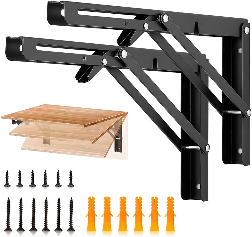 JOY DECOR 12 Inch Heavy Duty Folding Shelf Brackets, 2 Pack (1 Pair) Collapsible Wall Mounted Brackets for Fold Down Table, Stainless Steel Folding Table Hinge, Matte Black - Product Image