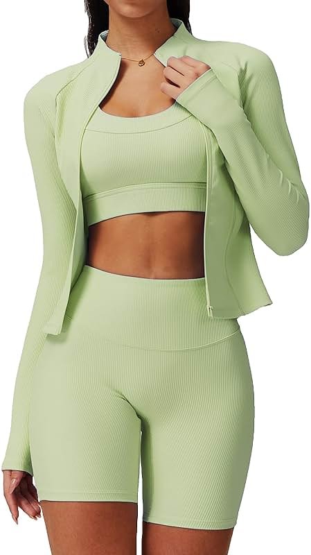 Women’s 3 Piece Workout Set – Sports Bra with Removable Pads, High Waist Biker Shorts & Zip Up Jacket for Yoga Gym Running - Product Image
