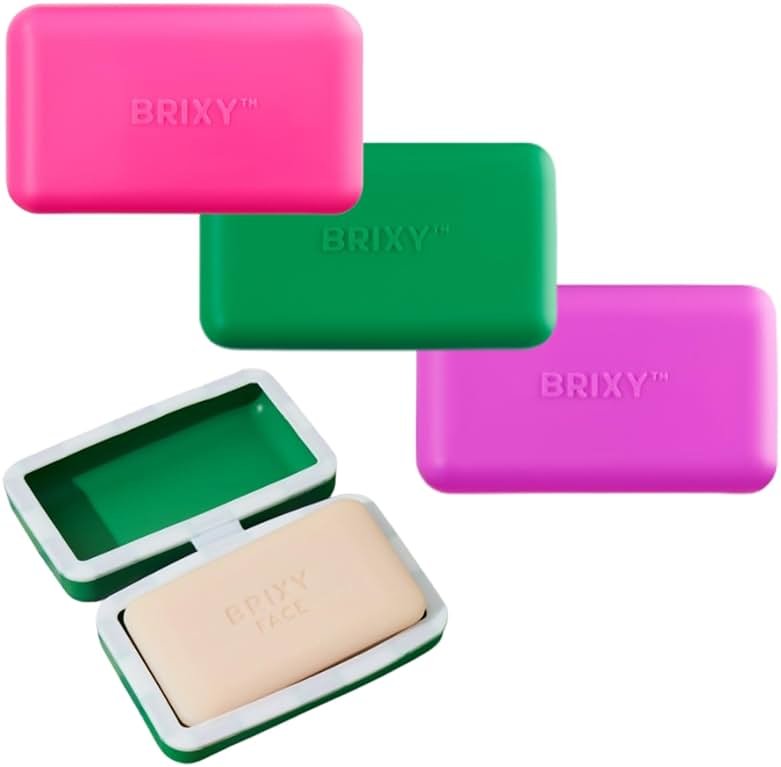 BRIXY Beauty Bar Travel Case Set – 3 Pack Soap Bar Travel Containers, Leakproof Portable Soap Holder, Durable Silicone, Magnetic Seal, TSA Friendly (Pink, Purple, Green) - Product Image