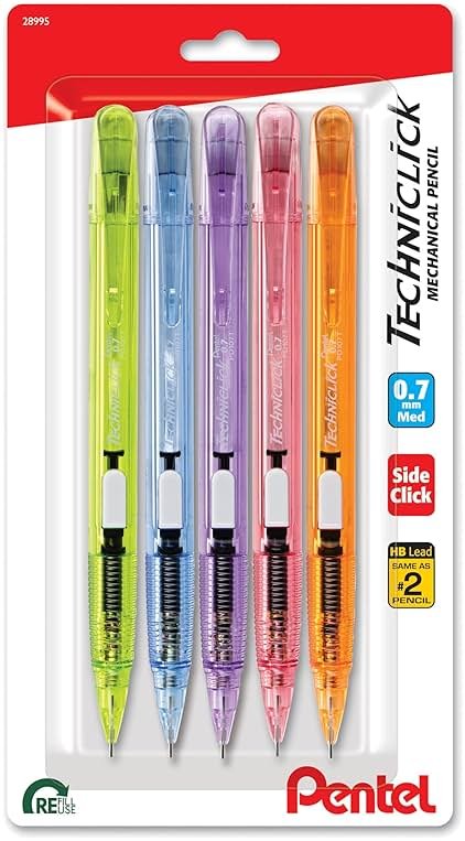 Pentel Techniclick 0.7mm Mechanical Pencil – Pack of 5, Smooth Writing Pencil for Students & Professionals, Medium Line, Side-Click Lead Advance, Assorted Pastel Barrel Colors (PD107TBP5M) - Product Image