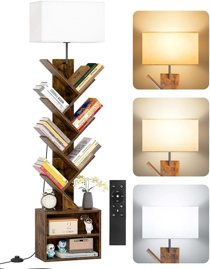 OUTONLIFE 9 Tier Tree Bookshelf with Light, Remote, Timer & Cabinet, Dimmable Modern Tall Floor Standing Corner Book Shelf, Small Narrow Wood Bookcase for Living Room, Bedroom, Office(Rustic Brown) - Product Image