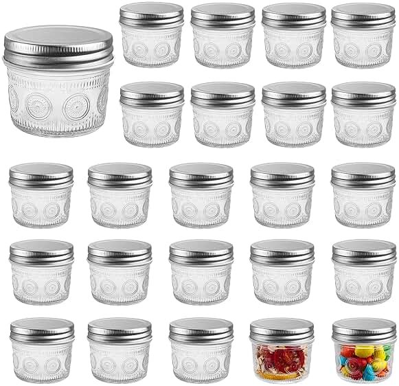 Amzcku 4 oz Glass Mason Jars with Regular Mouth Lids - 24-Pack Glass Canning Jars for Storage, Overnight Oats, Jam, Jelly, Honey, Beans, Spices, Wedding Favors, Shower Favors - Product Image