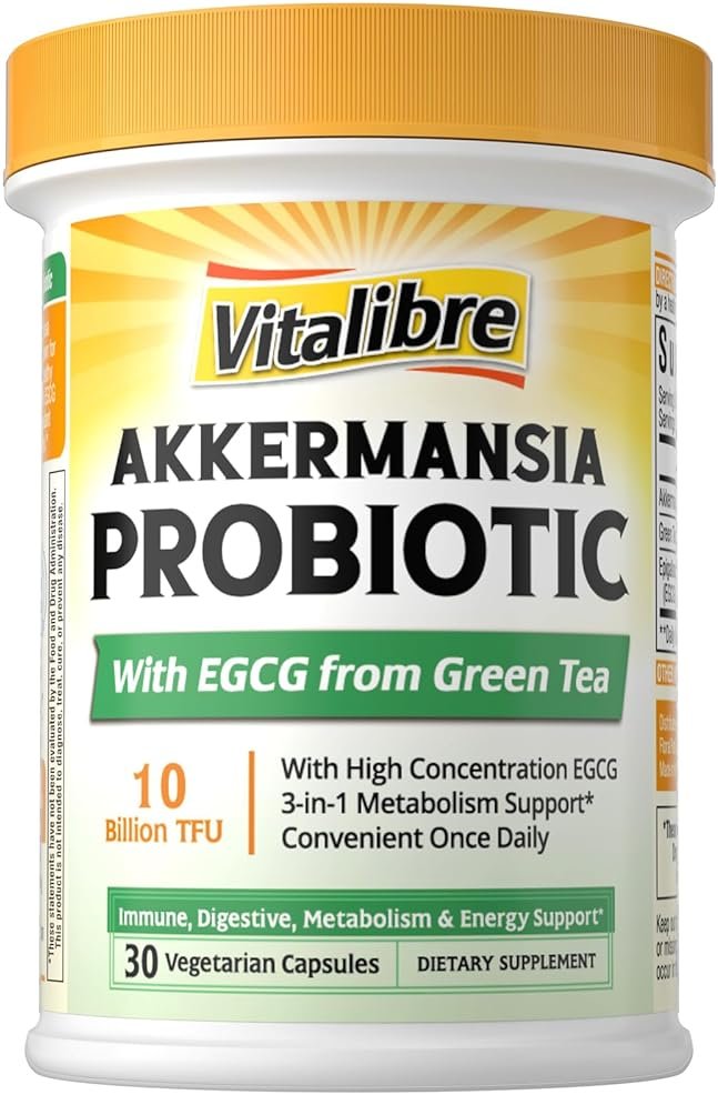Vitalibre Akkermansia Probiotic 10 Billion TFU, with Concentrated EGCG from Green Tea Extract, GLP-1 Supplement for Gut Health, Metabolism Support & Sustain Energy Levels, 30 Vegan Capsules, No Gluten - Product Image