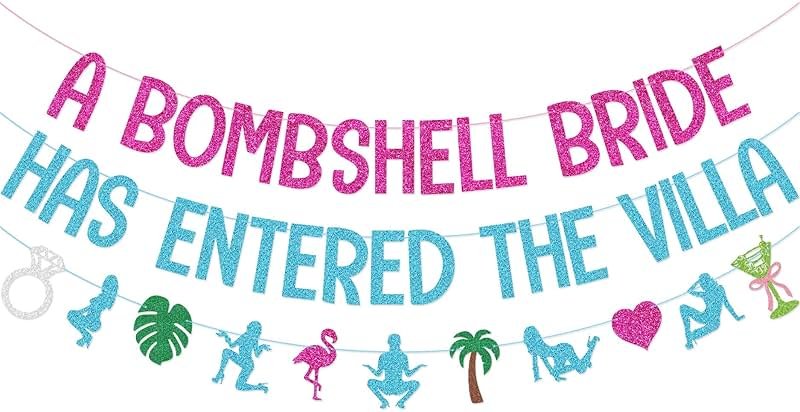 A Bombshell Bride Has Entered The Villa Banner Garland for Tropical Island Themed Bachelorette Party Decorations - Product Image