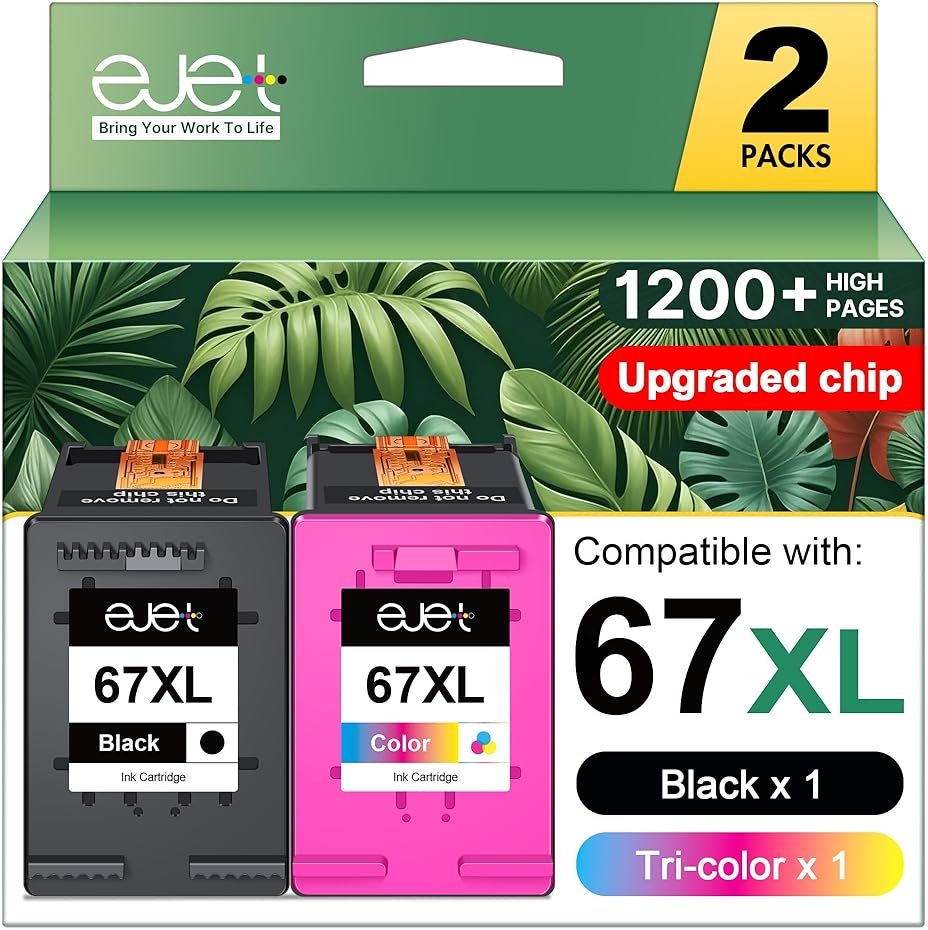 67XL Ink Cartridges Black/Color Combo Pack Compatible for HP Ink 67 67XL Works with HP Deskjet 2855e 2800e 2852e 2827e 4227e 4255e 1255 Envy 6055e 6075 6432e 6455e 6458e 6475e Pro 6455 Series (2-Pack) - Product Image