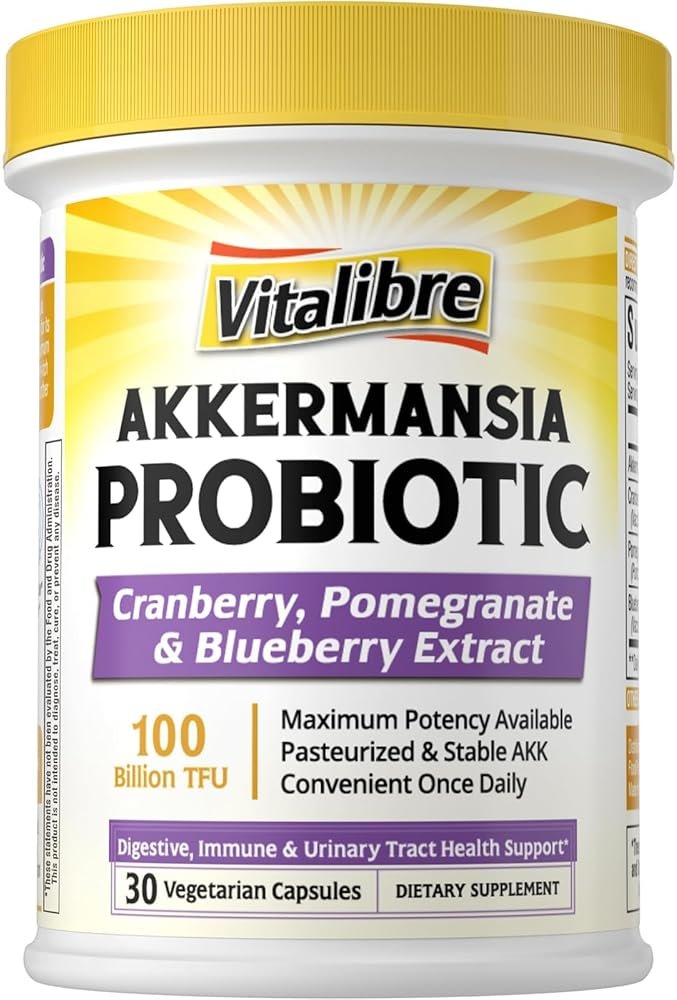 Vitalibre Akkermansia Probiotics 100 Billion TFU, Pasteurized Akkermansia Muciniphila, w/Cranberry, Blueberry & Pomegranate, Digestive & Immune Health, Leaky Gut, GLP-1 Supplement, 30 Vegan Capsules - Product Image
