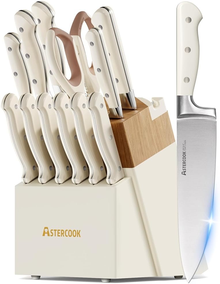 Knife Set,Astercook Kitchen Knife Set with Block 14-Piece Full Tang Stainless Steel Knives with Sharpener Dishwasher Safe and Anti-Slip Ergonomic Handle Utensils Set - Product Image