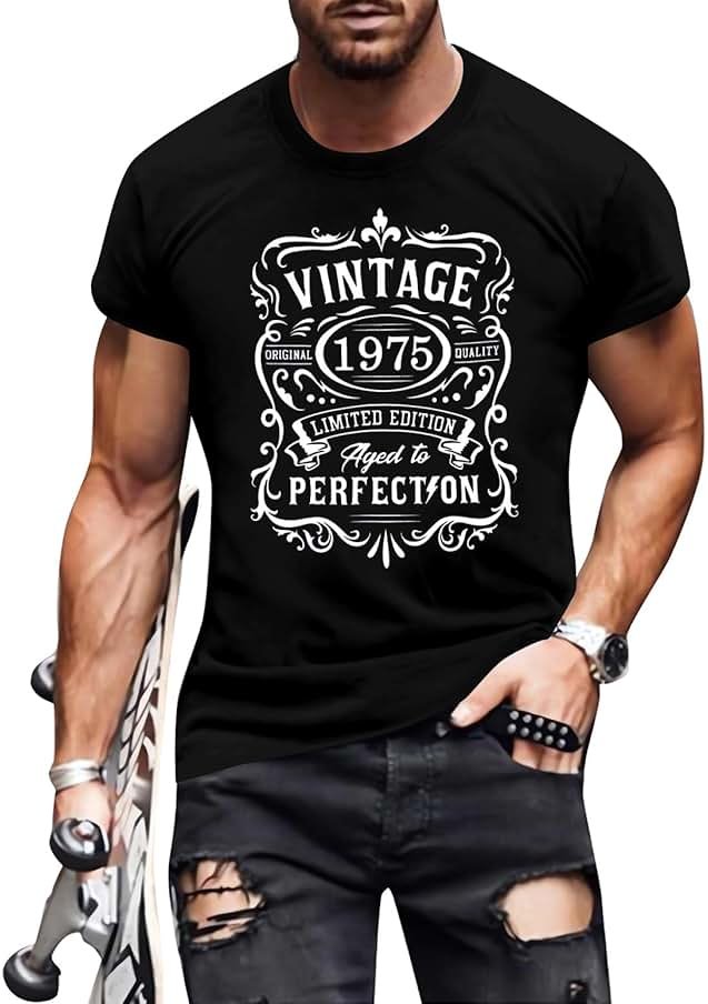 PNORATM 40th 50th 51th Birthday Shirts for Men：Vintage 1975 1976 1986 Shirt Aged to Perfection Graphic Tee Birthday Gift for Him - Product Image