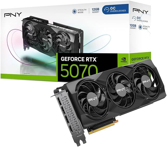 PNY NVIDIA GeForce RTX™ 5070 OC Triple Fan, Graphics Card (12GB GDDR7, 192-bit, Boost Speed: 2587 MHz, SFF-Ready, PCIe® 5.0, HDMI®/DP 2.1, 2.4-Slot, Blackwell Architecture, DLSS 4) - Product Image